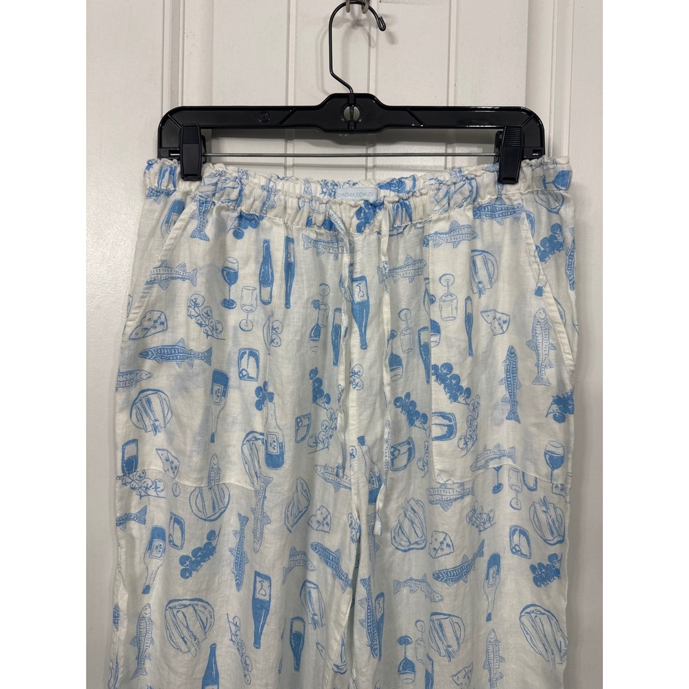 Cynthia Rowley 100% Linen Wide Leg Pants Blue White Wine Fish Print Womens L - Picture 2 of 7